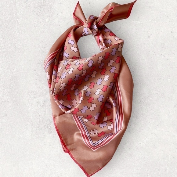 Vintage 70s Scarf Neckerchief 27” Square Puzzle Pieces Pink Lilac Tan - Picture 12 of 12